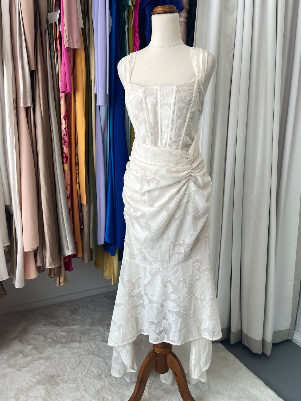 White lace floral dress. Corset top with mermaid ruched skirt attached. off shoulder straps. cocktail dress