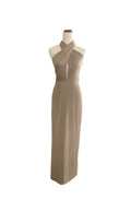 Elle Zeitoune halter neck long formal gown. bodycon brown mazi dress with keyhole chest