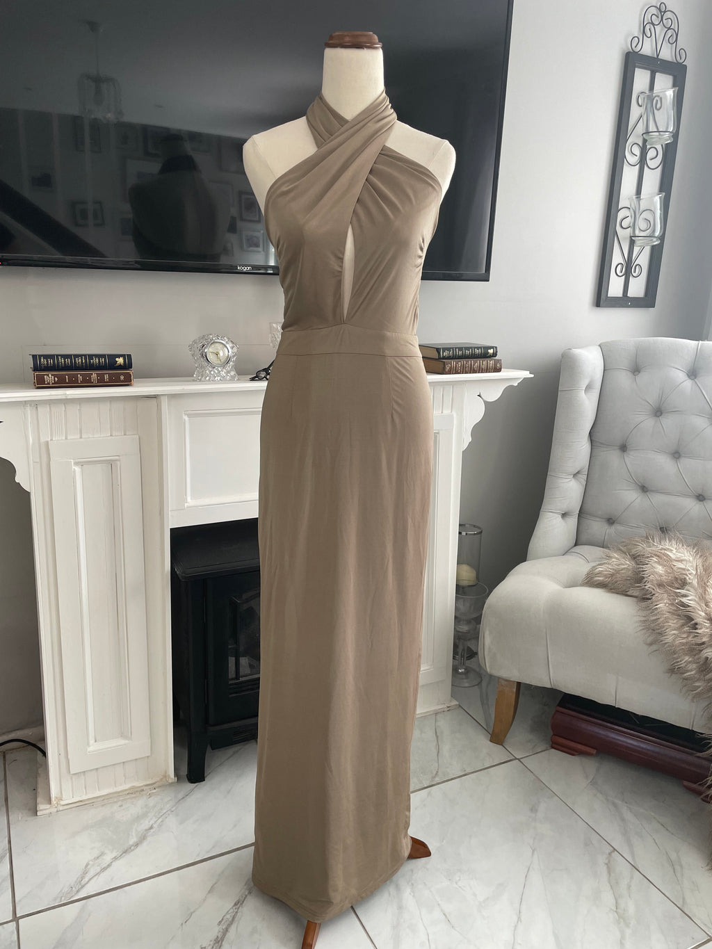 Elle Zeitoune brown slinky formal gown maxi length