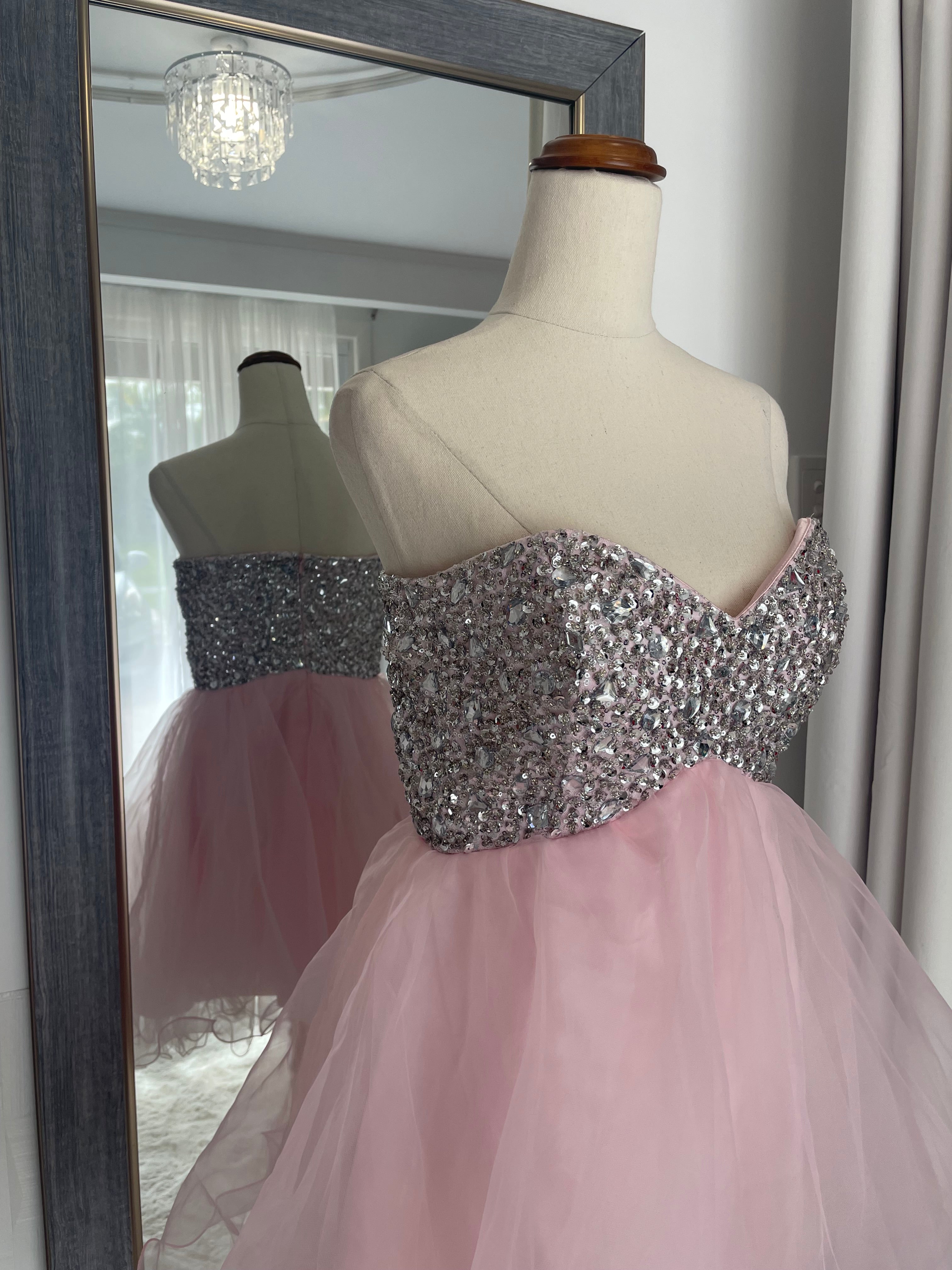 Mini pink strapless tulle party dress with a diamante, crystal, gem, sequin bust. 