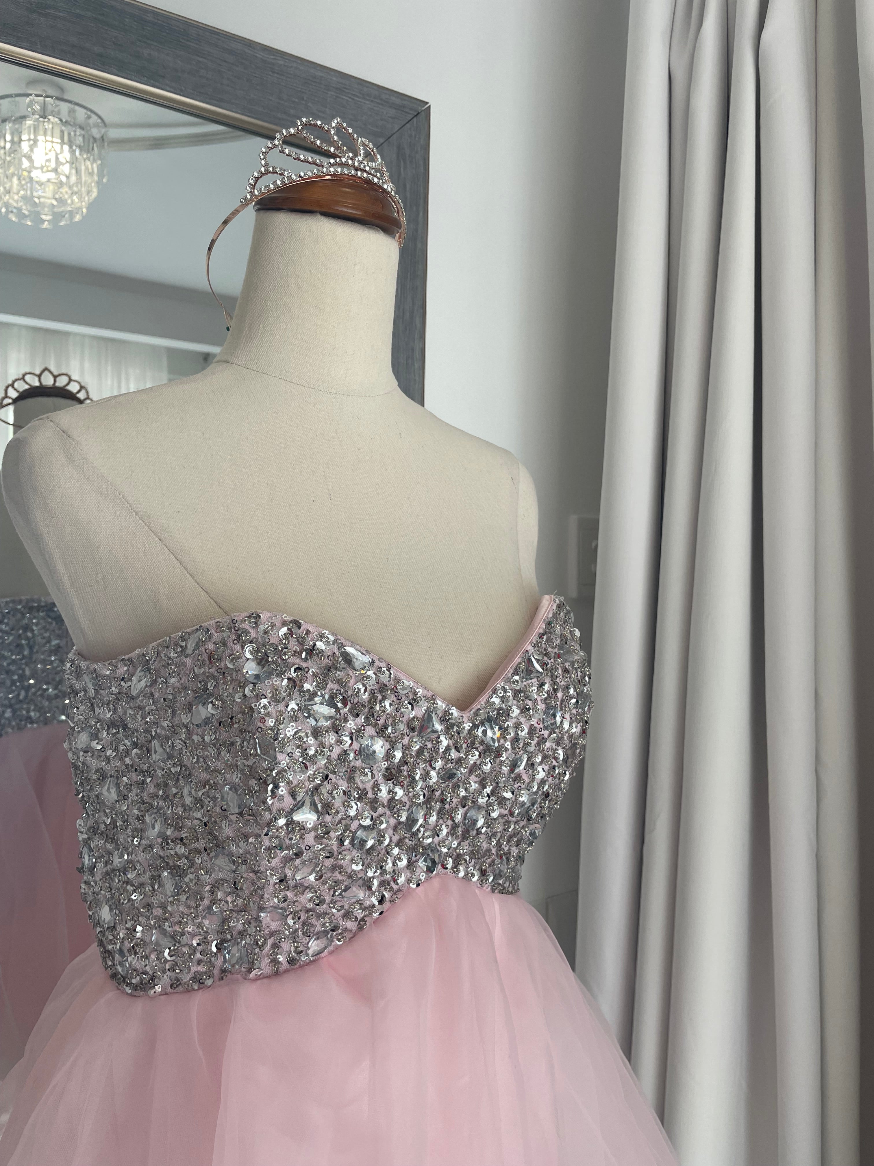 Mini pink strapless tulle party dress with a diamante, crystal, gem, sequin bust. 