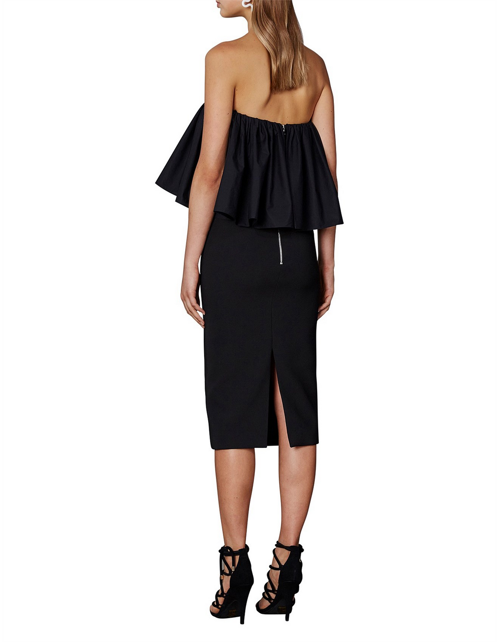 Black strapless dress with ruffled top on a white background