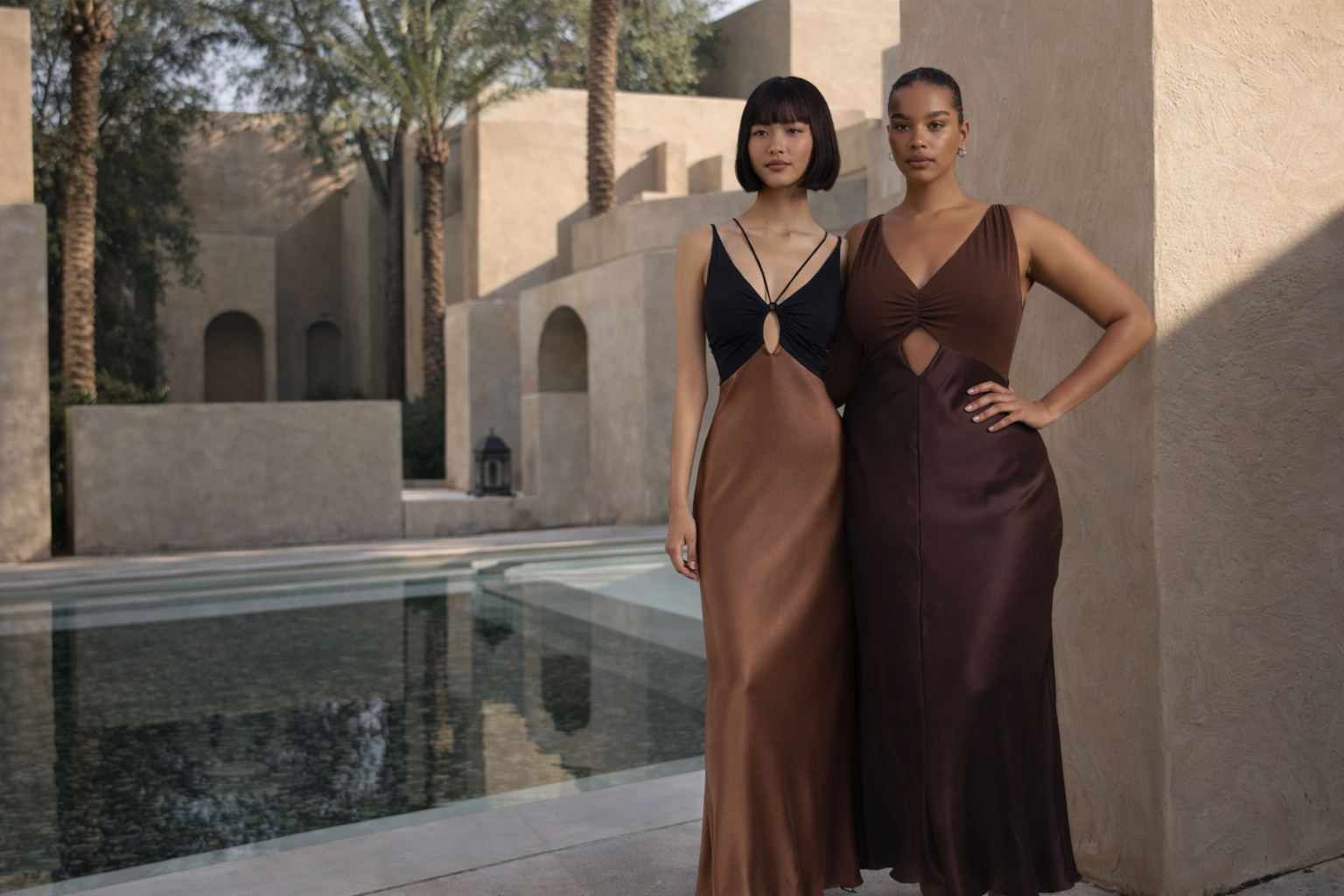 Two women in elegant evening gowns standing by a pool with architectural elements in the background