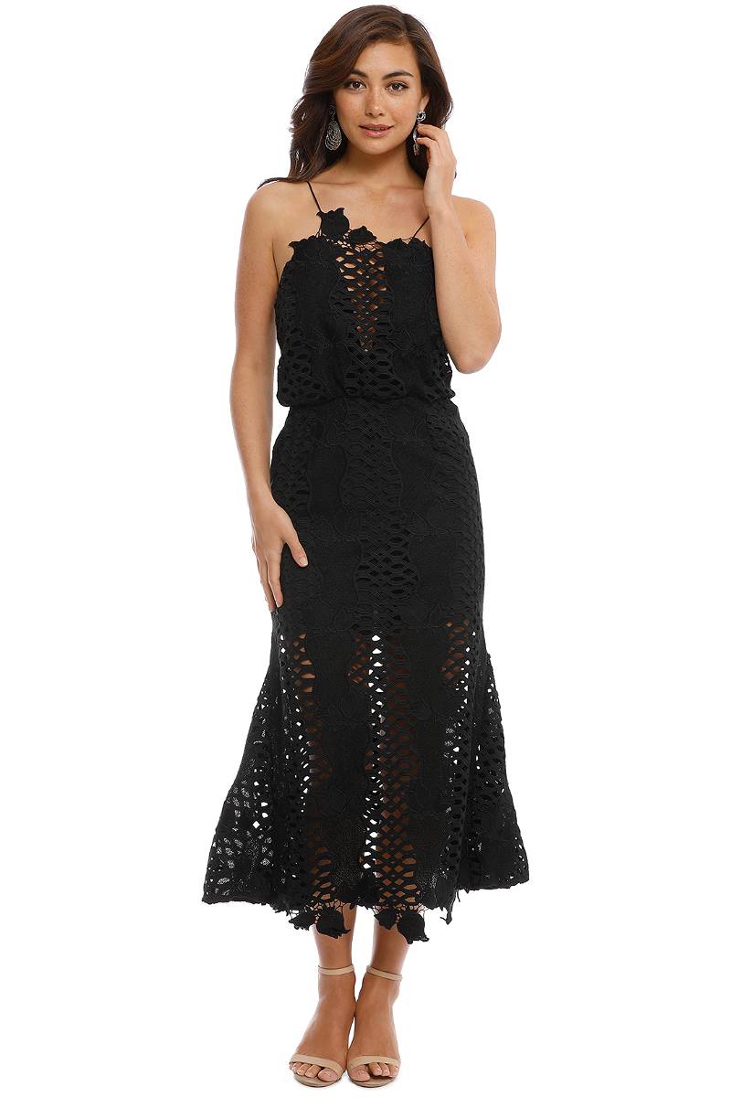 black dress by alice mccall Floral guipure lace extends onto the décolletage and beyond the hem for an asymmetrical effect. With a cinched waist, delicate shoestring straps and a deep v-neckline, this dress is flattering