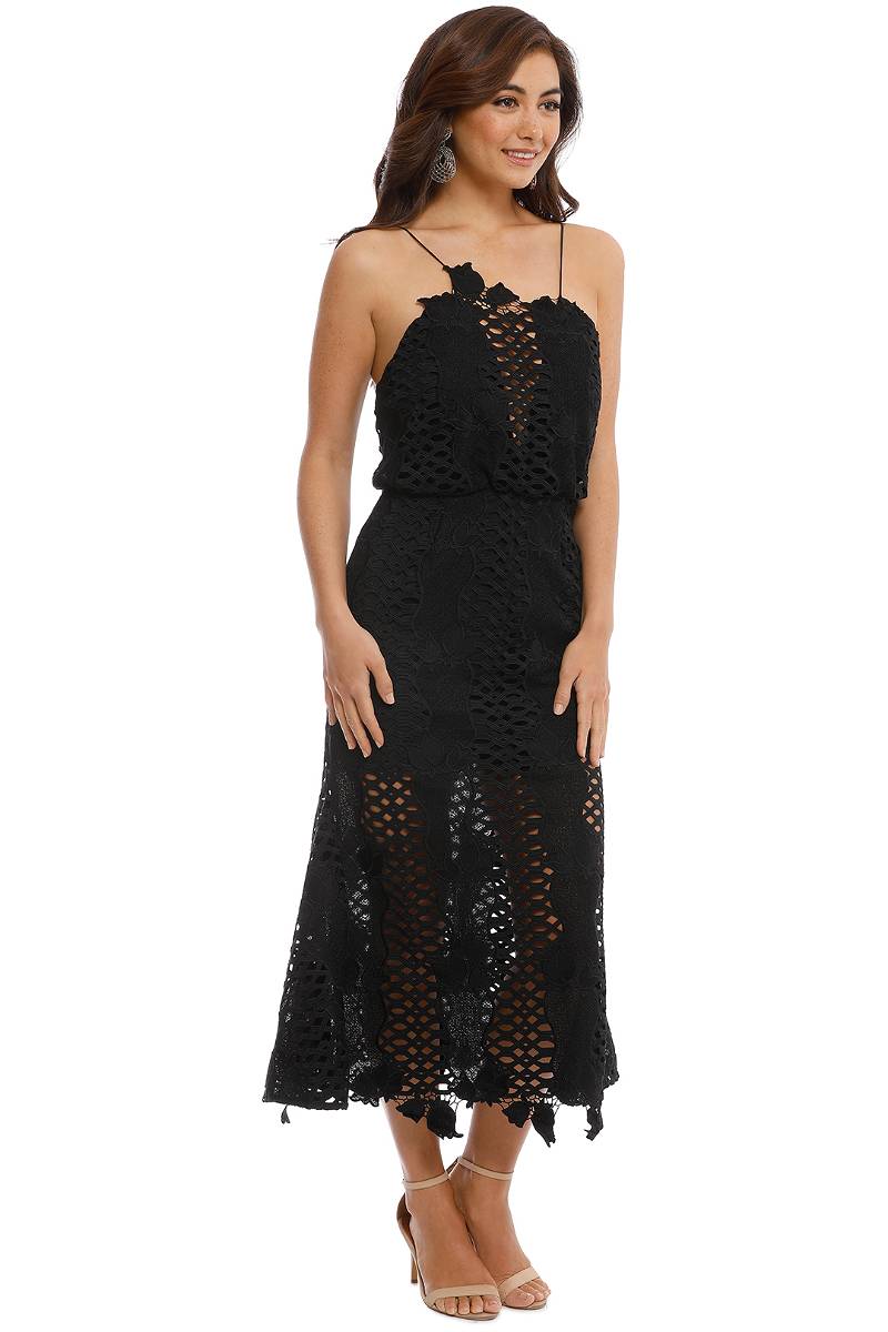 Floral guipure lace extends onto the décolletage and beyond the hem for an asymmetrical effect. With a cinched waist, delicate shoestring straps and a deep v-neckline, this dress is flattering