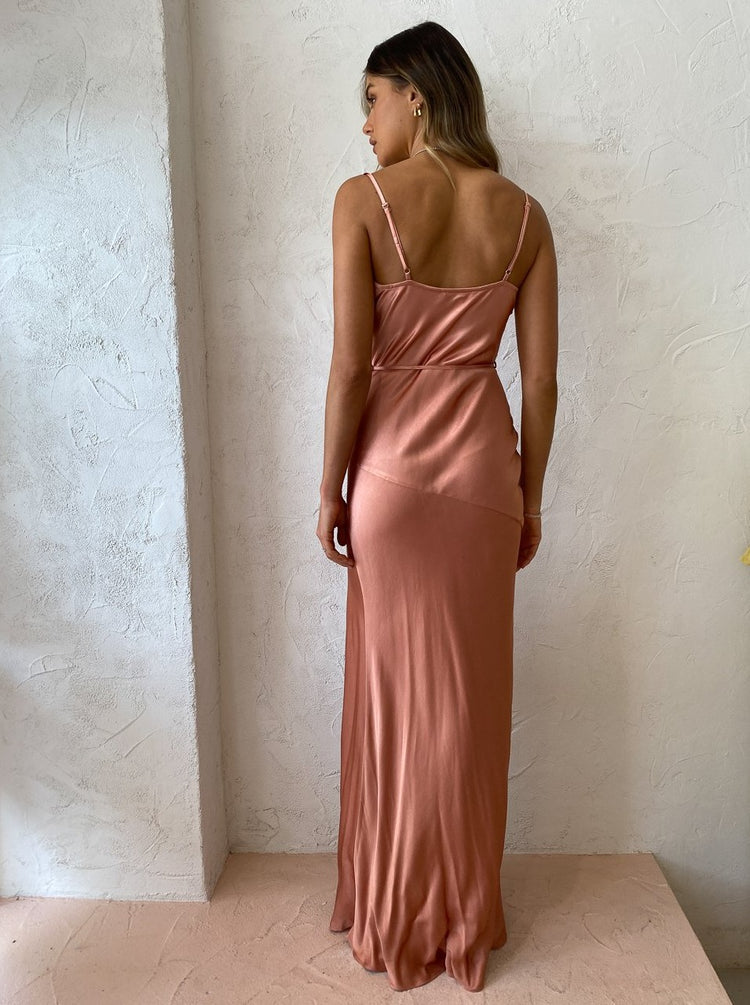 Shona Joy La Lune Bias rose. cowl neck dress with satin sheen in colour rose. high leg split, maxi dress with waist tie. Back view 