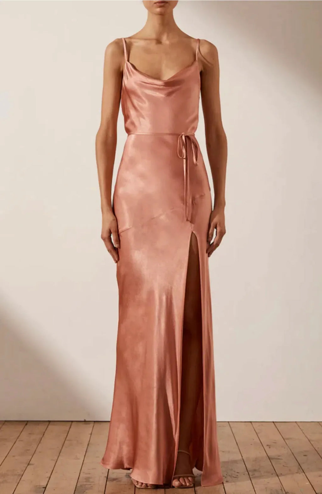 Shona Joy La Lune Bias rose. cowl neck dress with satin sheen in colour rose. high leg split, maxi dress with waist tie 