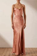 Shona Joy La Lune Bias rose. cowl neck dress with satin sheen in colour rose. high leg split, maxi dress with waist tie 
