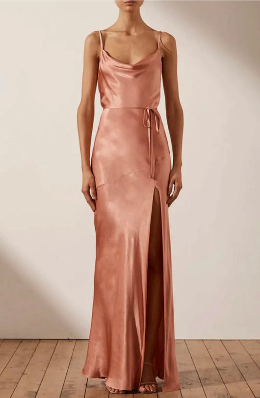 Shona Joy La Lune Bias rose. cowl neck dress with satin sheen in colour rose. high leg split, maxi dress with waist tie 