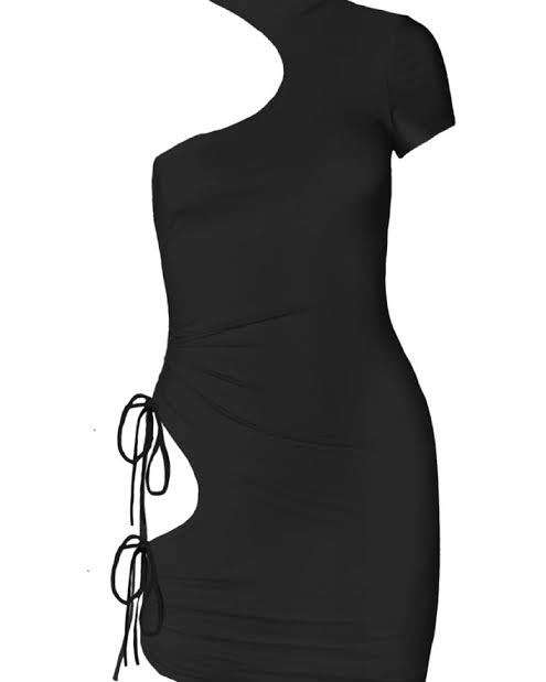 Black one-shoulder dress with a tie detail on a white background