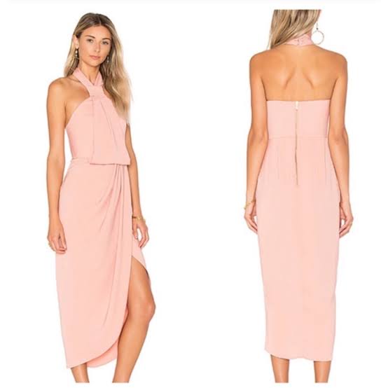 back and front view of shona joy pink ruched midi dress. front knot and draped chest and halter neck