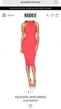 Nookie Celestial Midi Dress. salmon pink dress high neck cut out shoulders midi length