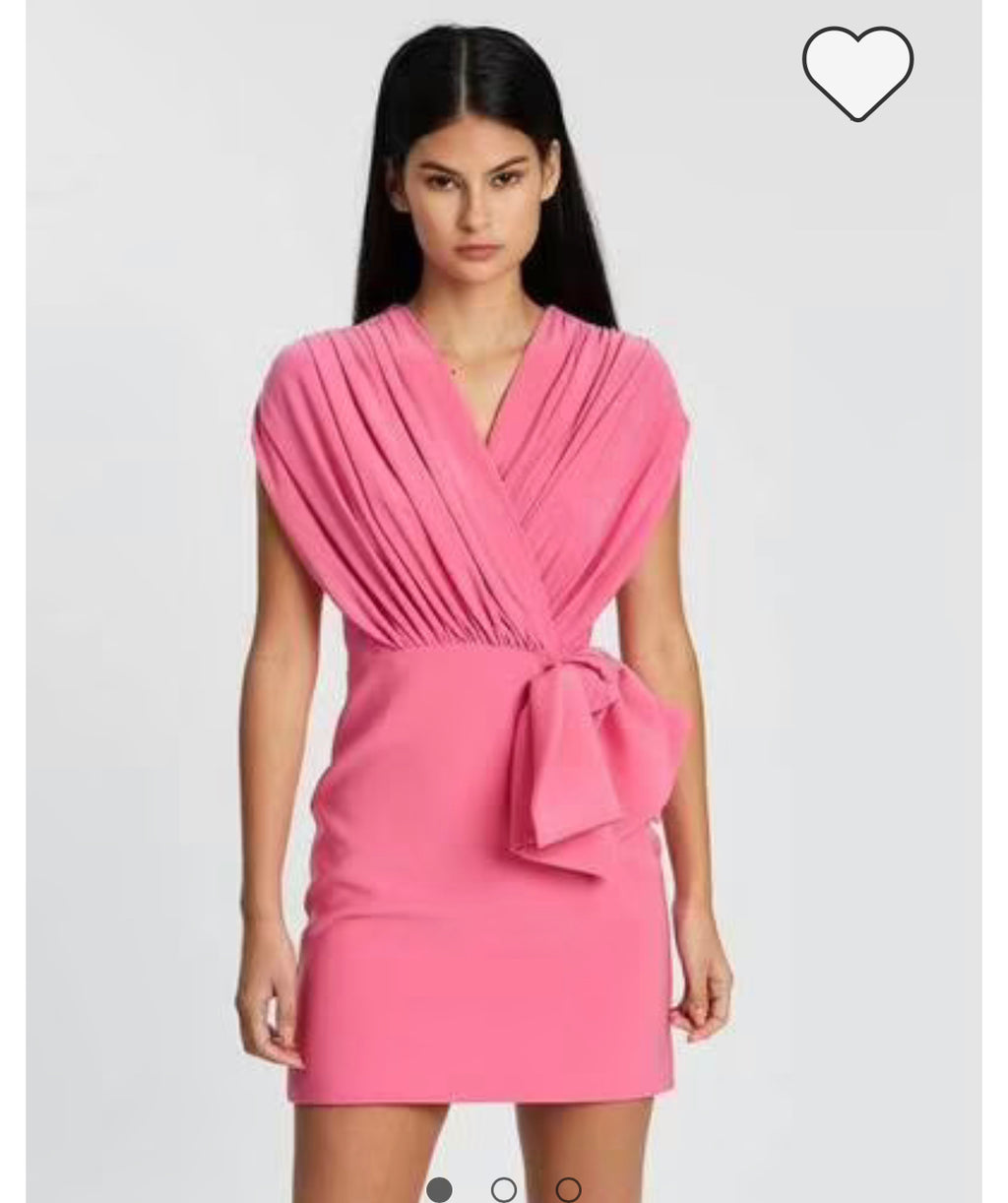 By Johnny designer dress for sale, pink Gloria Bow Drape new with tags. Wide over shoulder with big bow pink mini dress front view