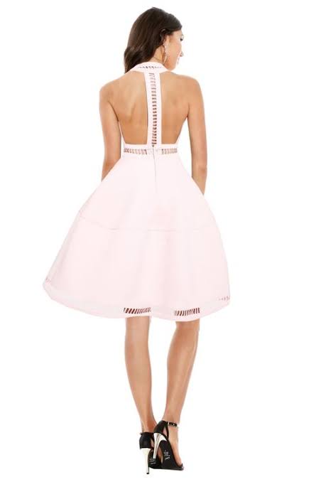 back of unique soft baby pink flare vneck neoprene dress asilio limited edition jasmine dress ipswich australia designer dress cheap formal boutique